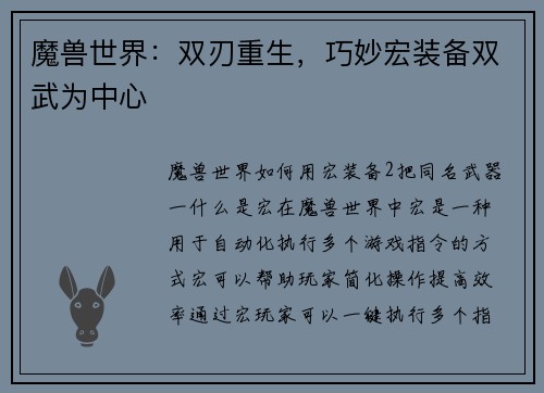 魔兽世界：双刃重生，巧妙宏装备双武为中心